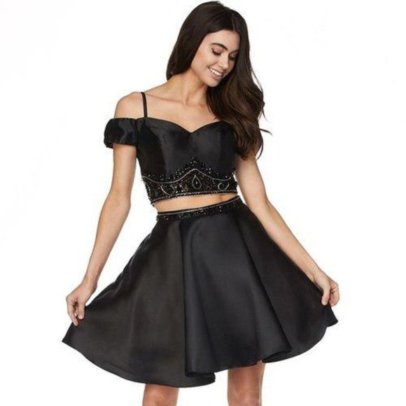 NEW BLACK Off shoulder Two Piece A-Line Prom Dress JT 790 - Picture 3 of 4